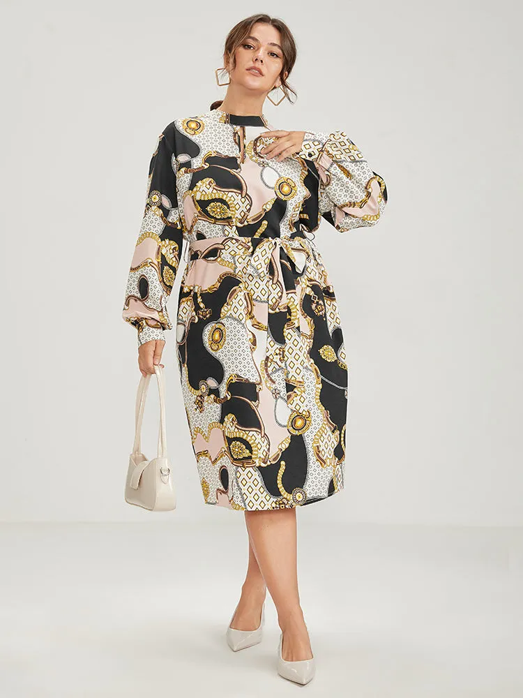 Chain Print Mock Neck Knotted Knee Dress