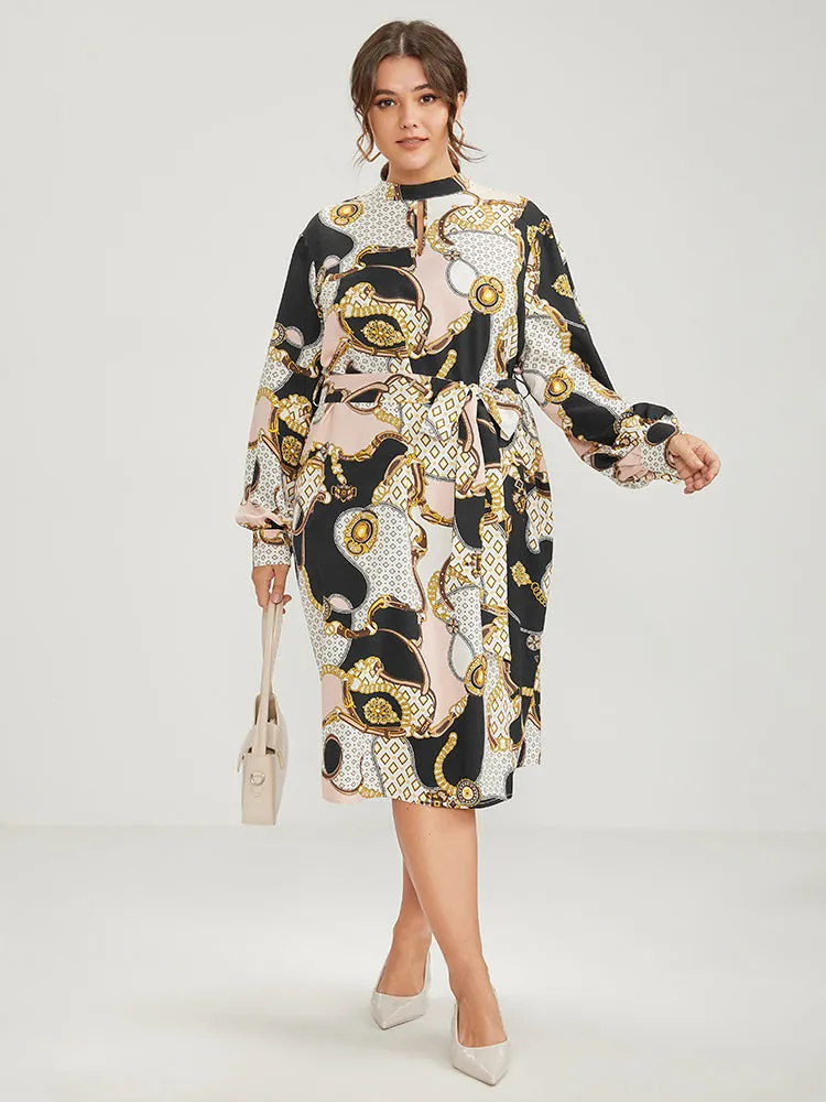 Chain Print Mock Neck Knotted Knee Dress