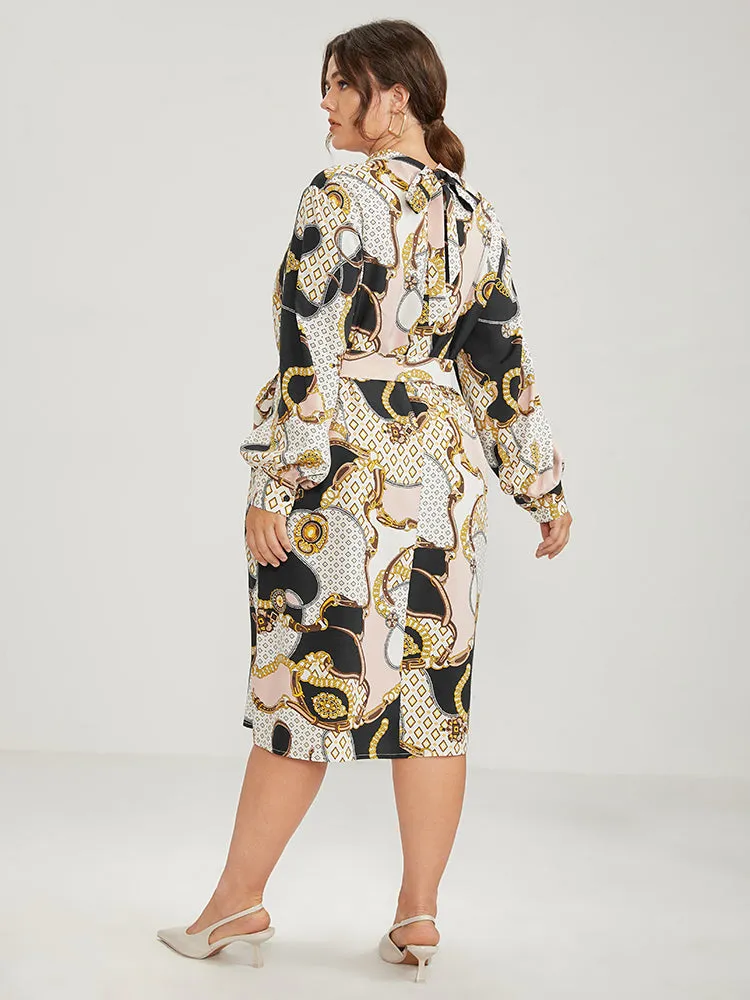 Chain Print Mock Neck Knotted Knee Dress