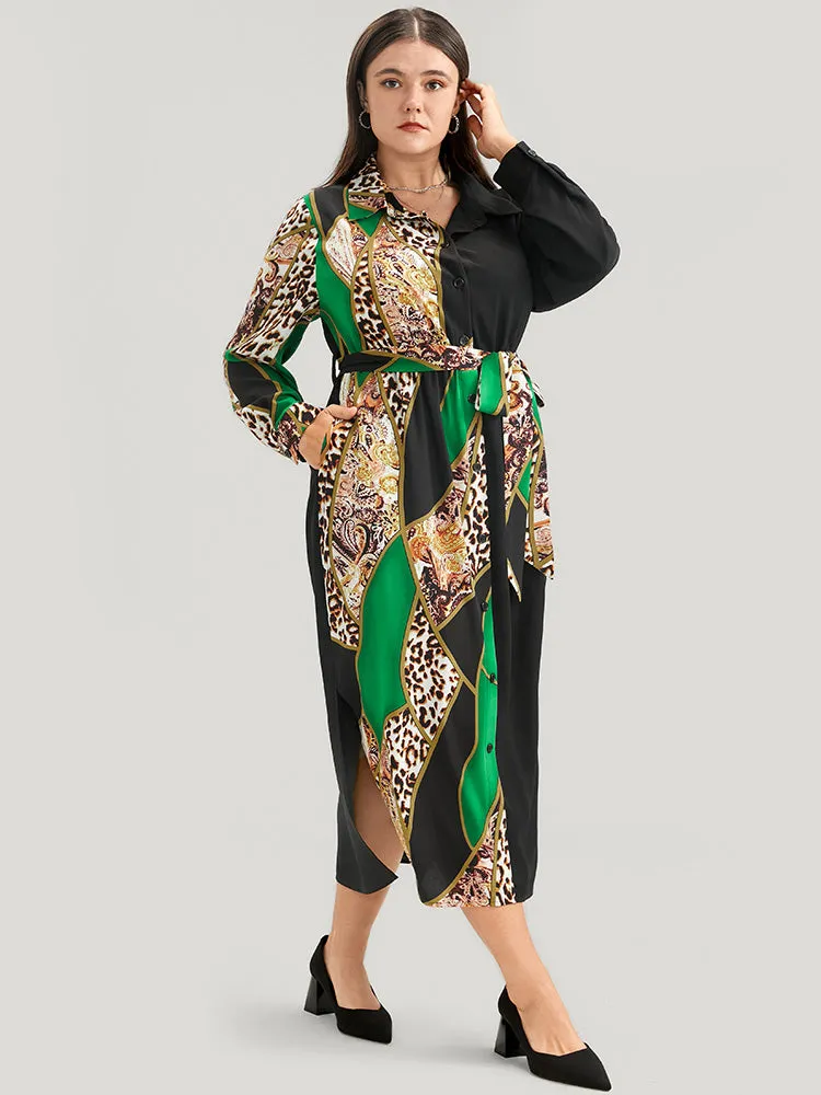 Chain Print Shirt Collar Pocket Split Belted Button Up Dress