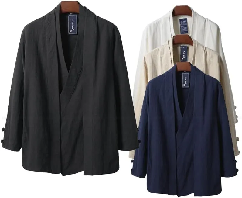 Chinese Style Men Linen Hanfu Cardigan Tops Zea Tea Kung Fu Shirts Japanese Kimono Jackets Coats Robe Oriental Clothing