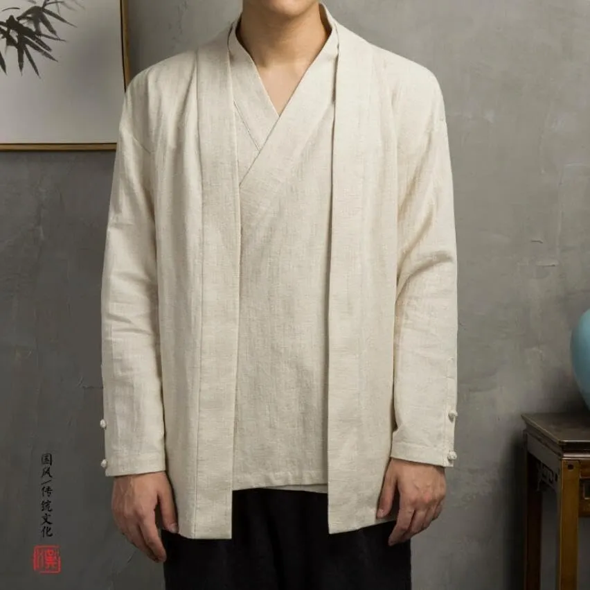 Chinese Style Men Linen Hanfu Cardigan Tops Zea Tea Kung Fu Shirts Japanese Kimono Jackets Coats Robe Oriental Clothing
