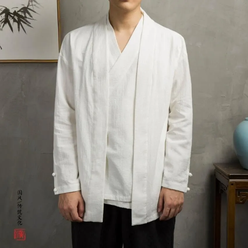 Chinese Style Men Linen Hanfu Cardigan Tops Zea Tea Kung Fu Shirts Japanese Kimono Jackets Coats Robe Oriental Clothing