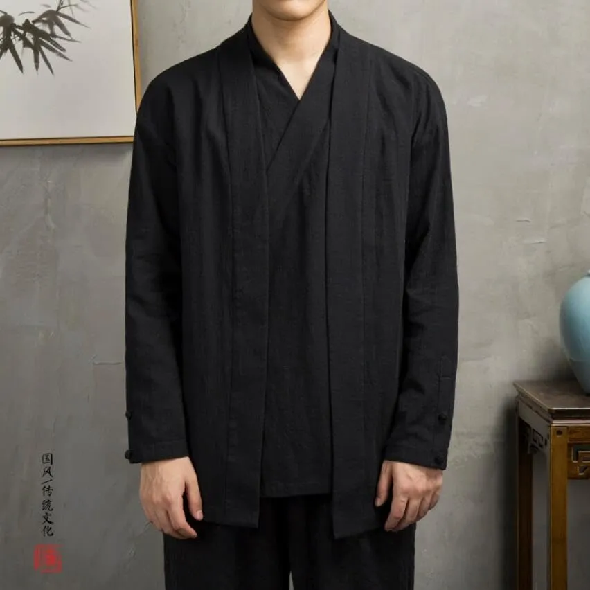Chinese Style Men Linen Hanfu Cardigan Tops Zea Tea Kung Fu Shirts Japanese Kimono Jackets Coats Robe Oriental Clothing