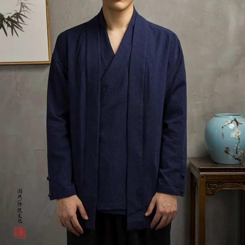 Chinese Style Men Linen Hanfu Cardigan Tops Zea Tea Kung Fu Shirts Japanese Kimono Jackets Coats Robe Oriental Clothing