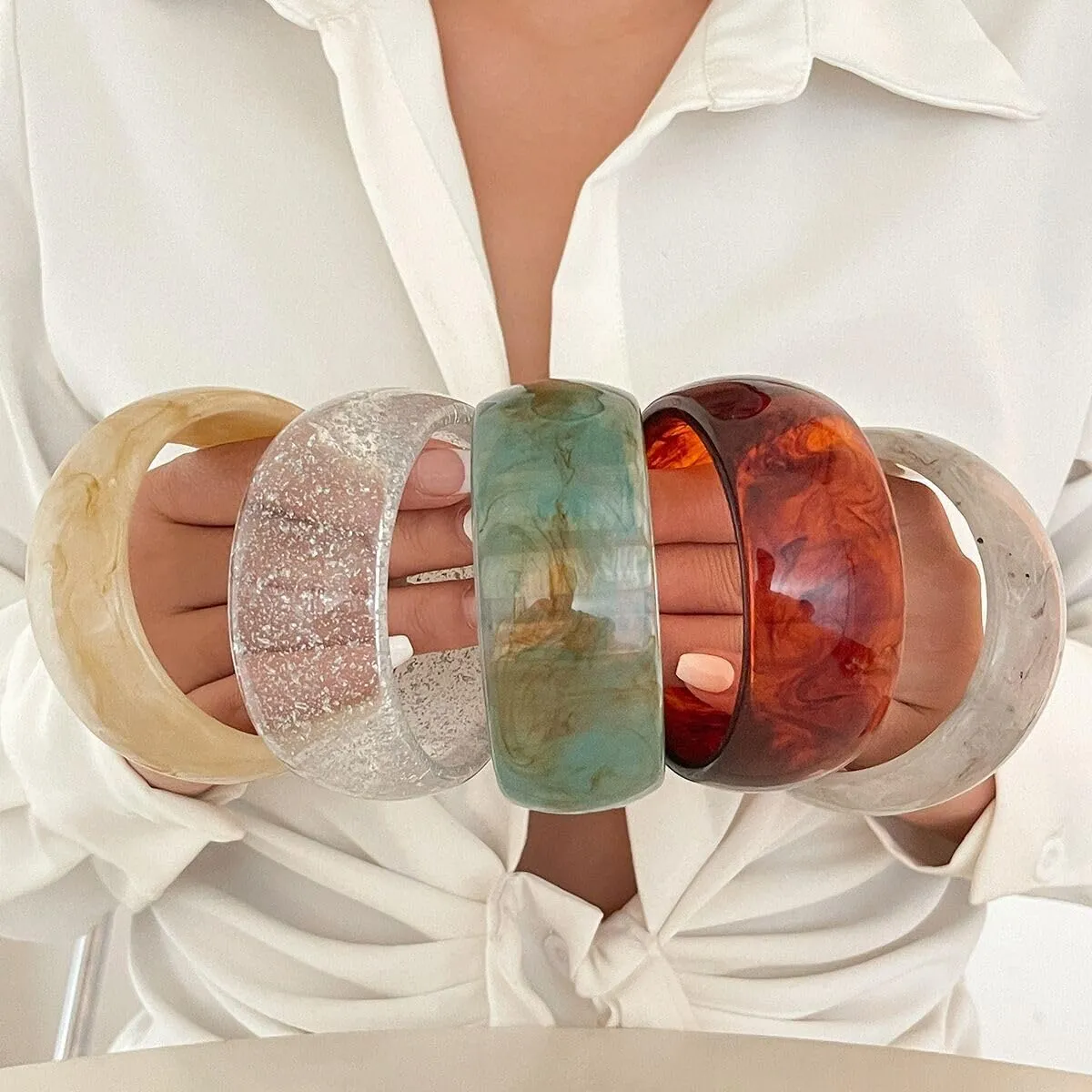 Chunky Acrylic Cuff Bangle Bracelet for Women, Colorful Resin Acetate Wide Statement Jewelry, Irregular Geometric Stretch Wristband Bracelets for Parties