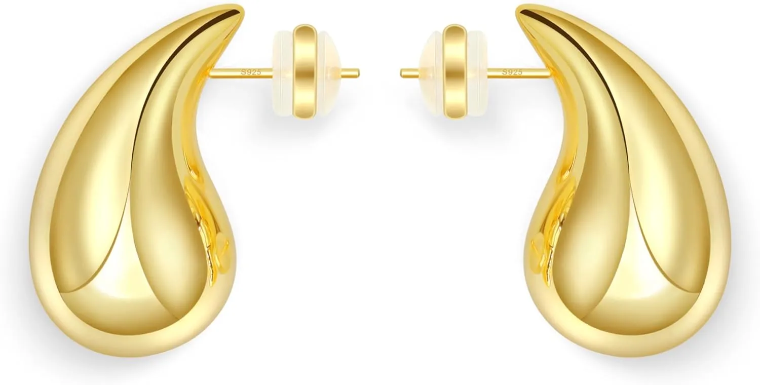 Chunky Gold Hoop Earrings for Women Lightweight Teardrop Dupes Earrings 925 Sterling Silver Post Large Drop Earrings Gold Plated Waterdrop Earrings Trendy Jewelry for Women