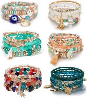 CJIAYUJEW 6 sets Bohemian Stackable Bead Bracelets,Multicolor Stretch Beaded Bracelets for Women,Multilayer Stack Evil Eye Hamsa Bracelet Handmade Jewelry