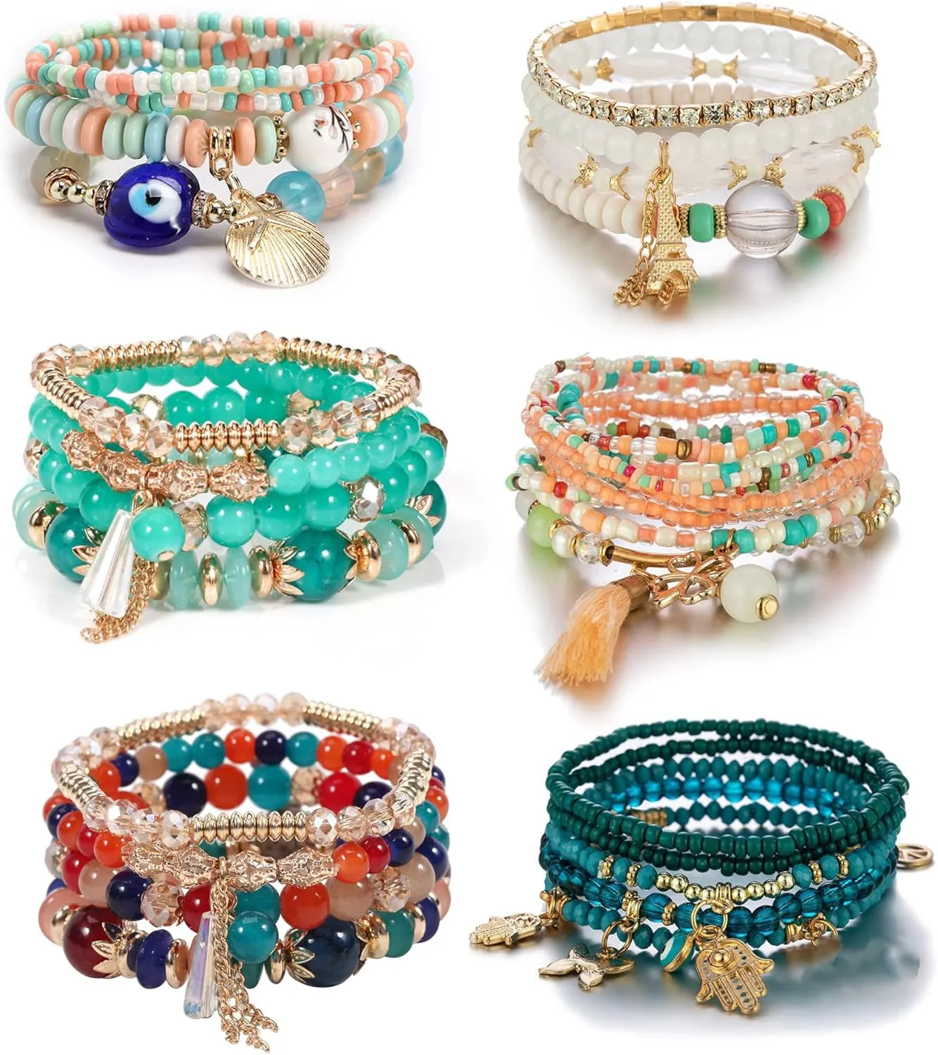 CJIAYUJEW 6 sets Bohemian Stackable Bead Bracelets,Multicolor Stretch Beaded Bracelets for Women,Multilayer Stack Evil Eye Hamsa Bracelet Handmade Jewelry