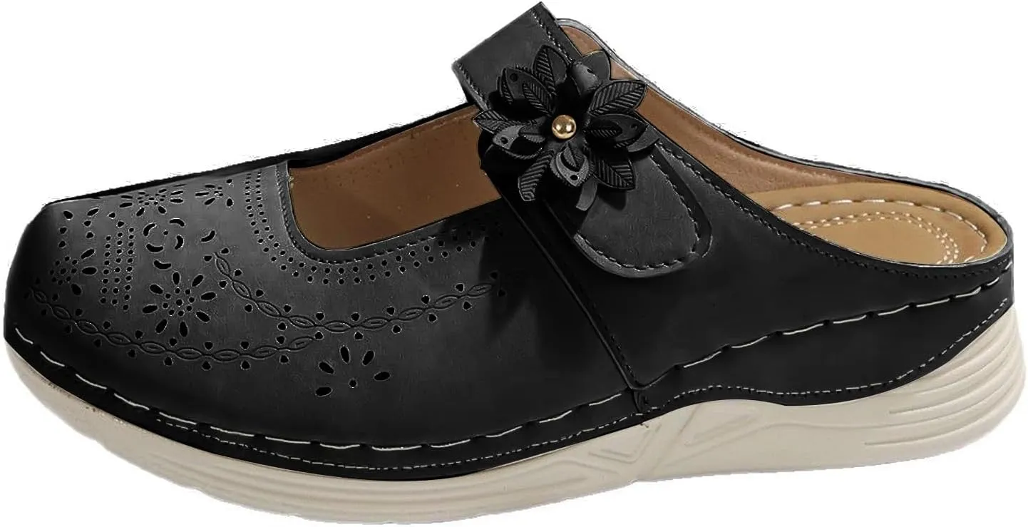 Clogs for Women Leather Comfort Mules Hollow Out Flowers Closed Toe Sandals Summer Casual Arch Support Slip On Slippers Walking Shoes