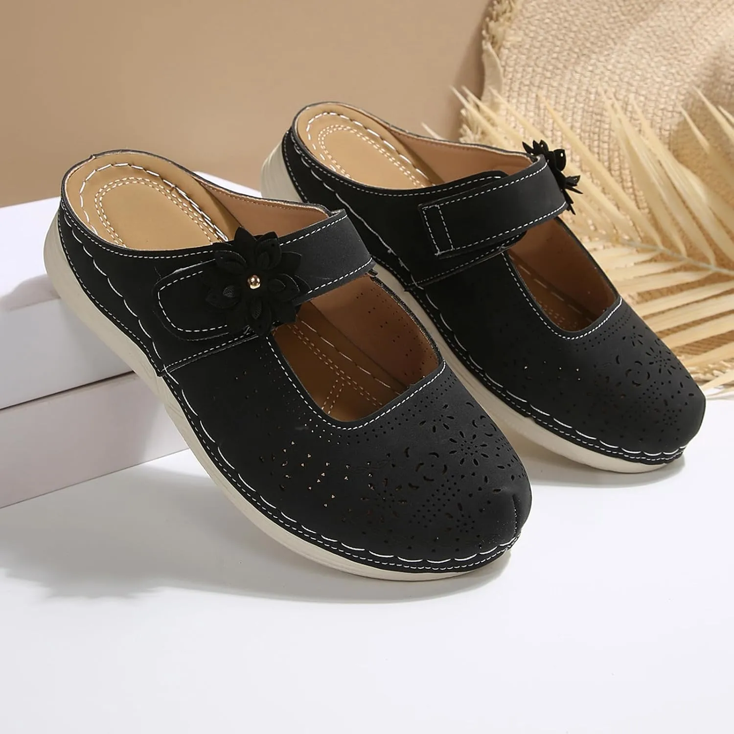 Clogs for Women Leather Comfort Mules Hollow Out Flowers Closed Toe Sandals Summer Casual Arch Support Slip On Slippers Walking Shoes