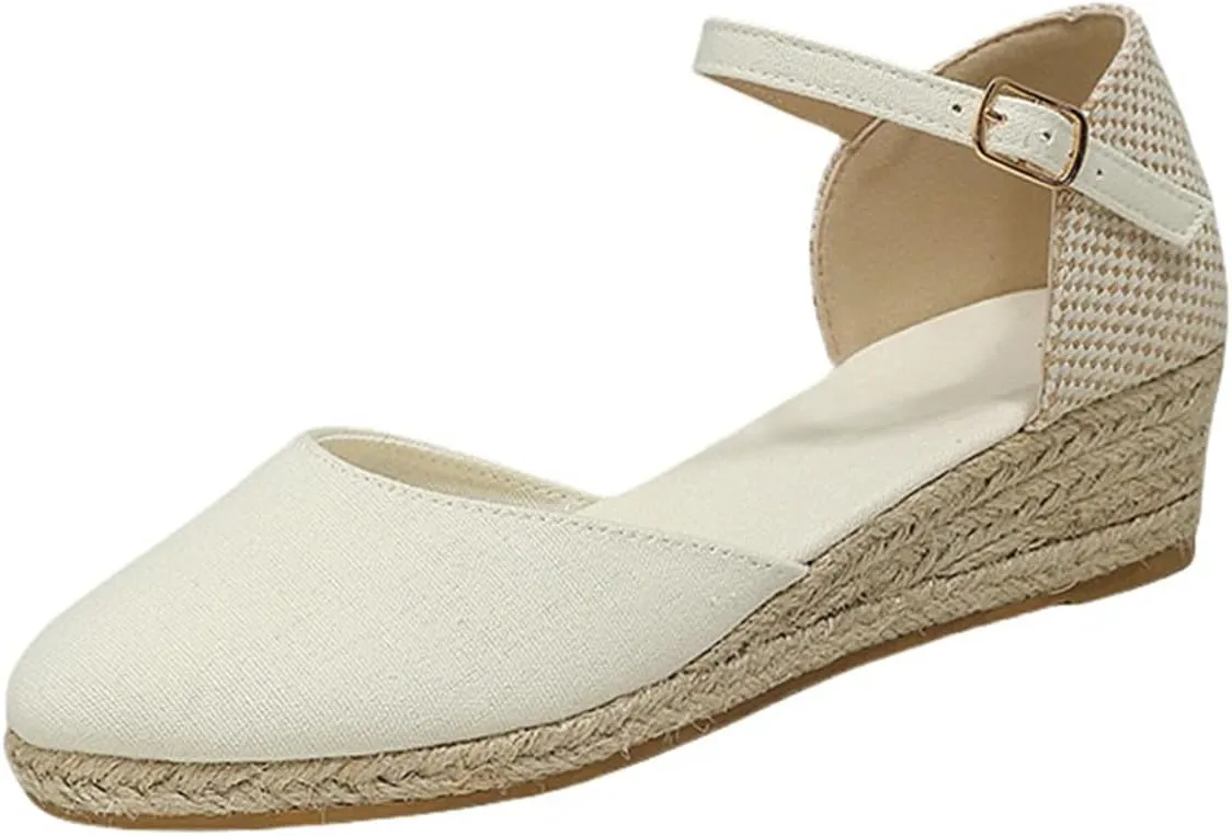 Closed Toe Sandals Women,Closed Wedges,Wedges Heels Espadrilles Wedge,Canvas Ankle Strap Shoes Platform Heel Buckle Dressy Wedge Heeled Ladies Comfortable Summer Beach Wedding