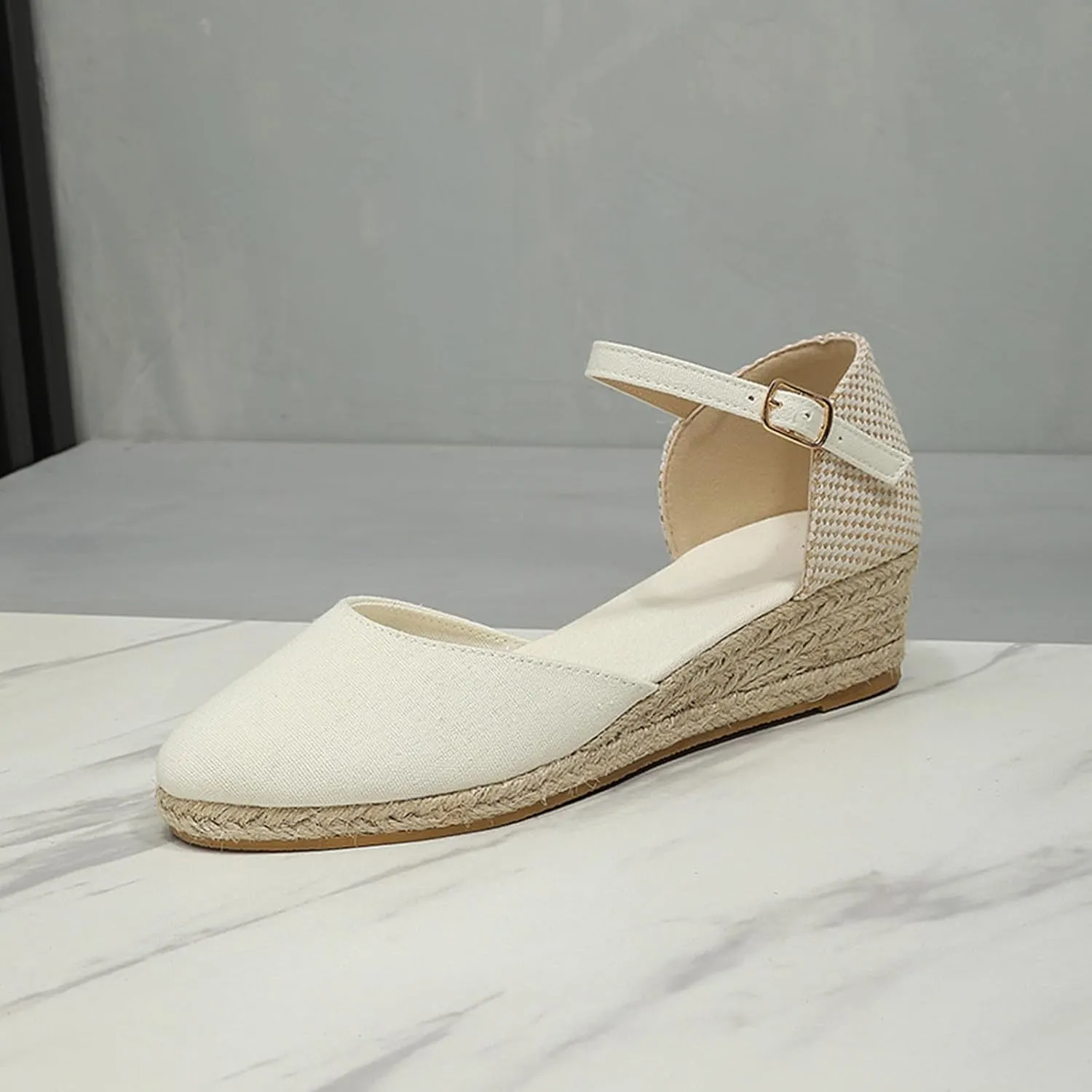 Closed Toe Sandals Women,Closed Wedges,Wedges Heels Espadrilles Wedge,Canvas Ankle Strap Shoes Platform Heel Buckle Dressy Wedge Heeled Ladies Comfortable Summer Beach Wedding