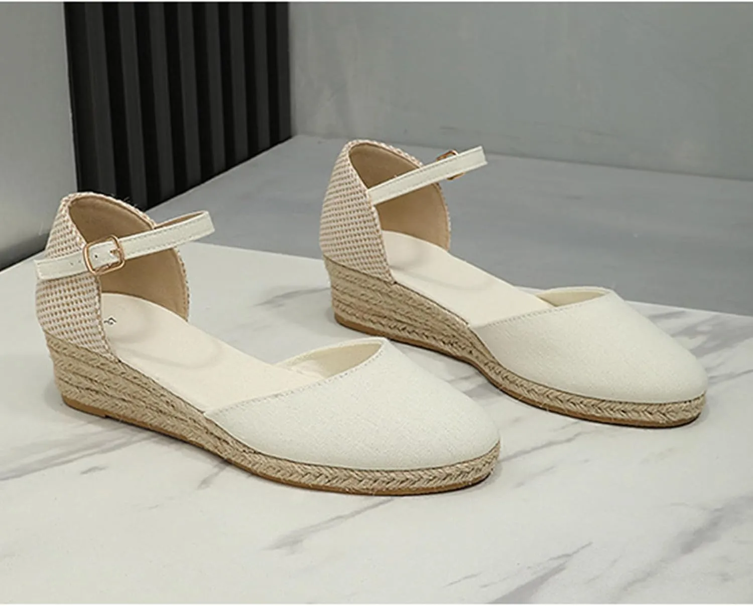 Closed Toe Sandals Women,Closed Wedges,Wedges Heels Espadrilles Wedge,Canvas Ankle Strap Shoes Platform Heel Buckle Dressy Wedge Heeled Ladies Comfortable Summer Beach Wedding
