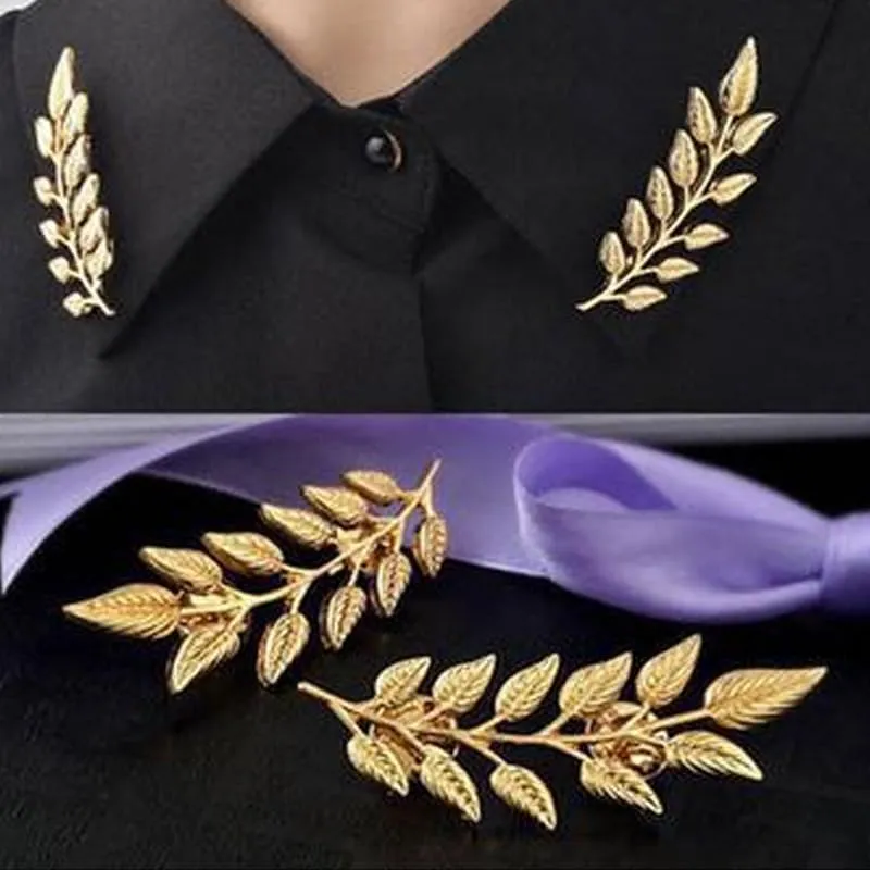 coadipress Gentlemen Gold Silver Leaf Brooches Simple Elegant Retro Double Leaf Collar Pin Brooch Gold Silver Plant Leaves Brooches