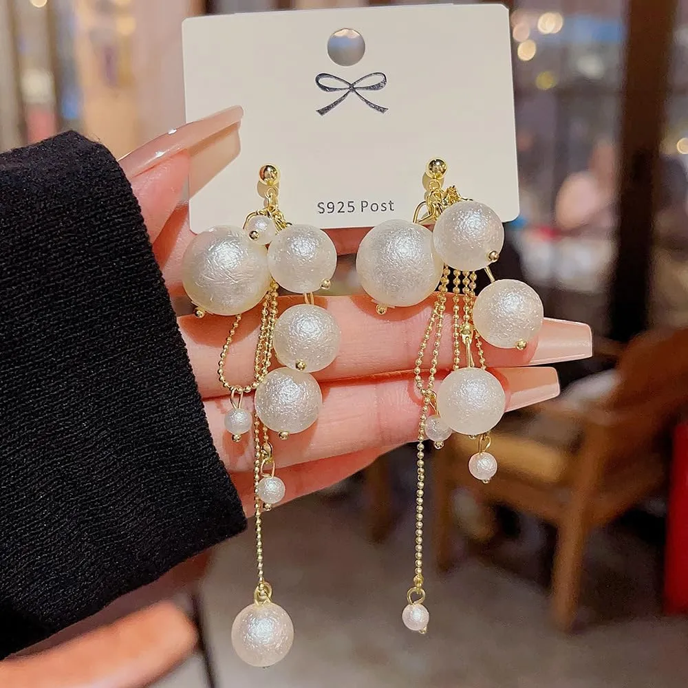 coadipress Long Pearl Earrings for Women Boho Long Chain Pearl Earrings Elegant Pearl Tassel Earrings Wedding Pearl Drop Earrings White Sweet Pearl Earrings Bridal Christmas Gift