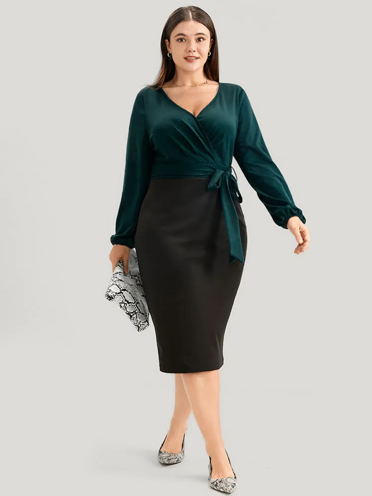Colorblock Contrast Wrap Lantern Sleeve Belted Bodycon Dress