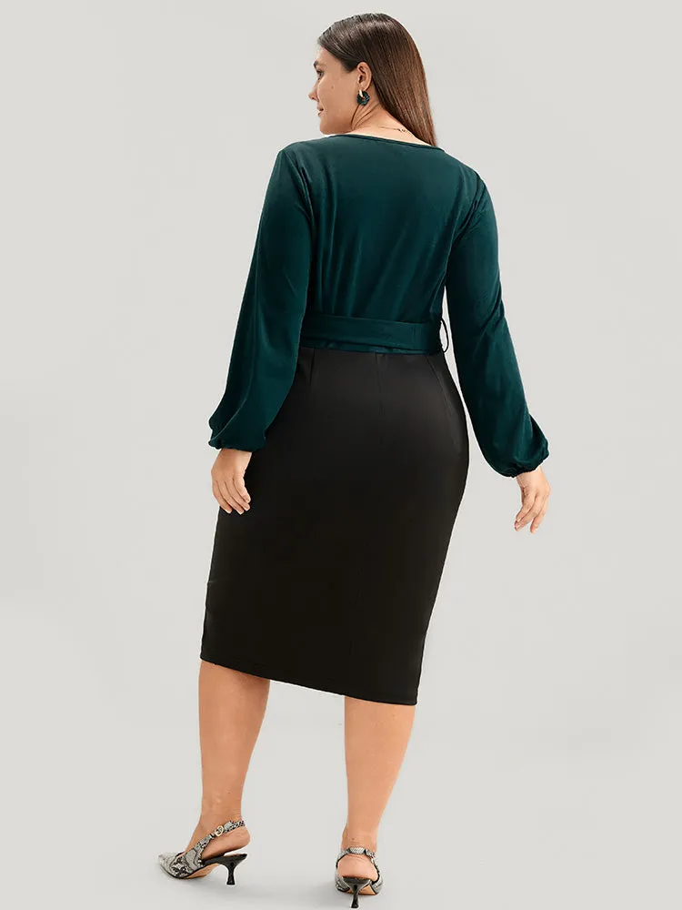 Colorblock Contrast Wrap Lantern Sleeve Belted Bodycon Dress