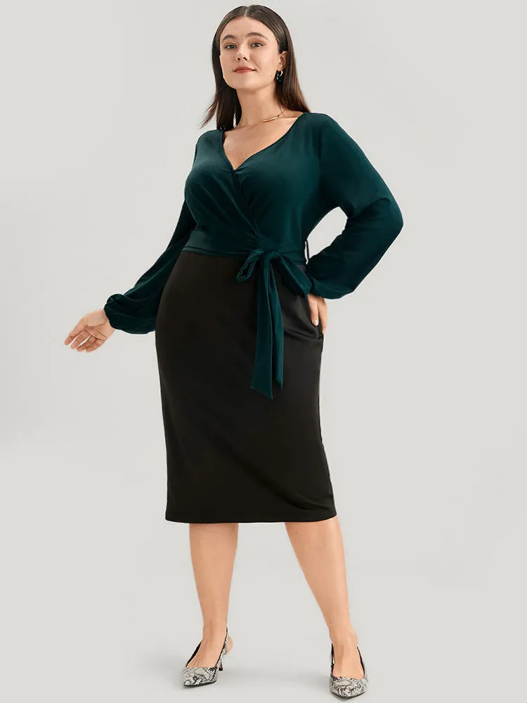 Colorblock Contrast Wrap Lantern Sleeve Belted Bodycon Dress