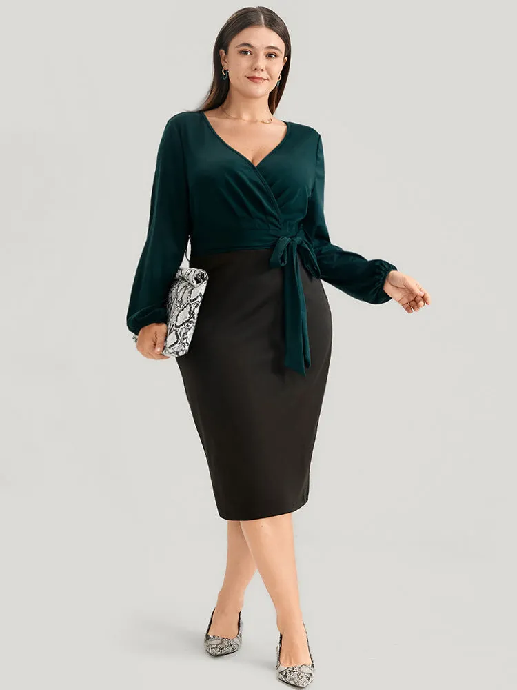 Colorblock Contrast Wrap Lantern Sleeve Belted Bodycon Dress