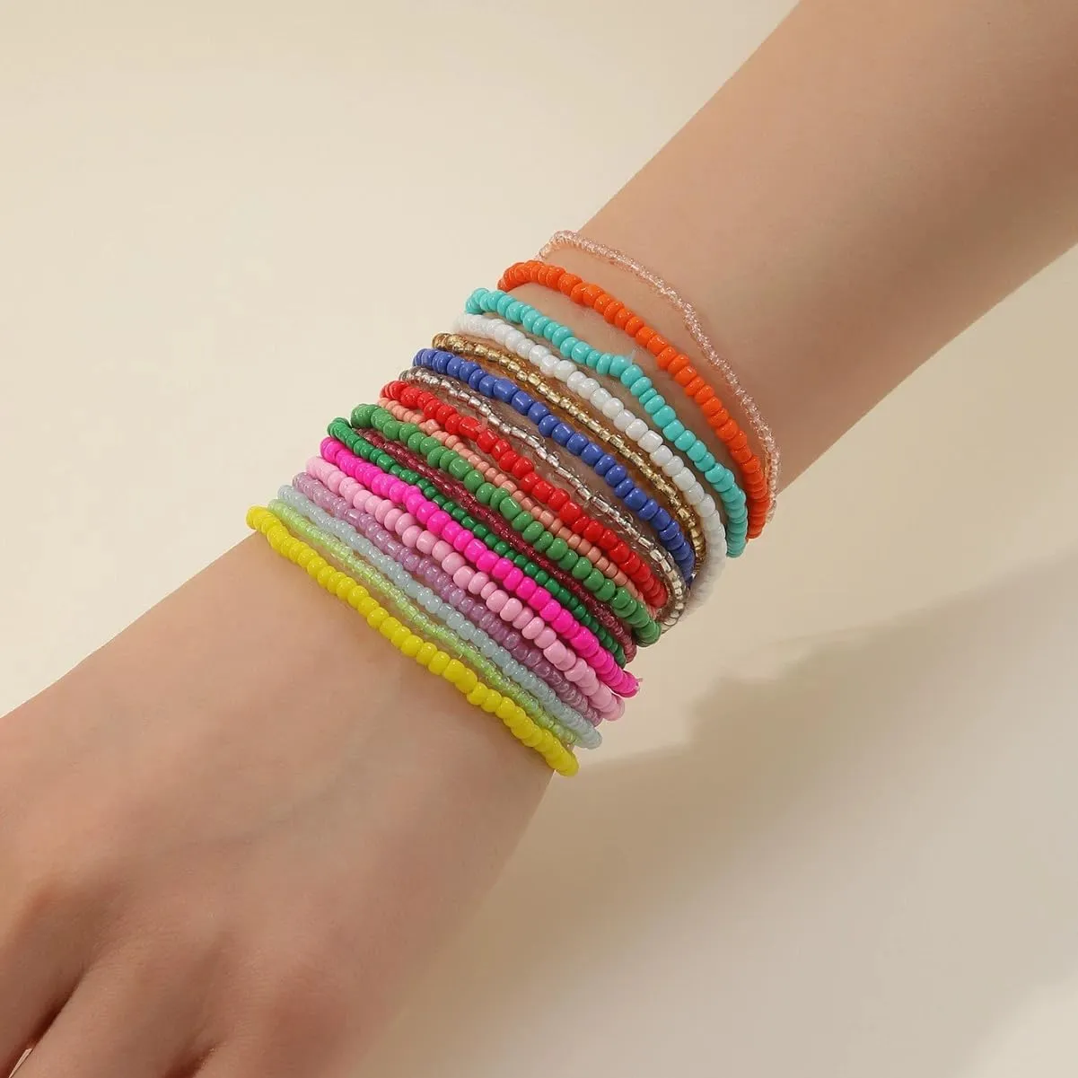 COLORFUL BLING 18pcs Bohemian Stackable Elastic Beaded Bracelets Summer Beach Handmade Seed Beaded Jewelry Bracelets for Women
