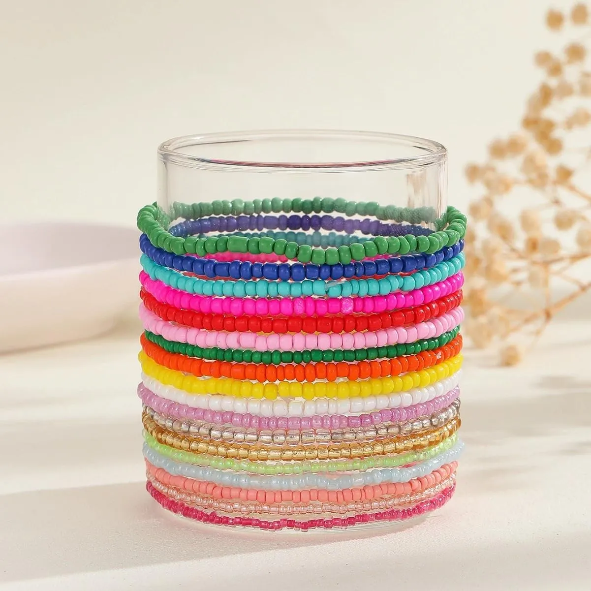 COLORFUL BLING 18pcs Bohemian Stackable Elastic Beaded Bracelets Summer Beach Handmade Seed Beaded Jewelry Bracelets for Women