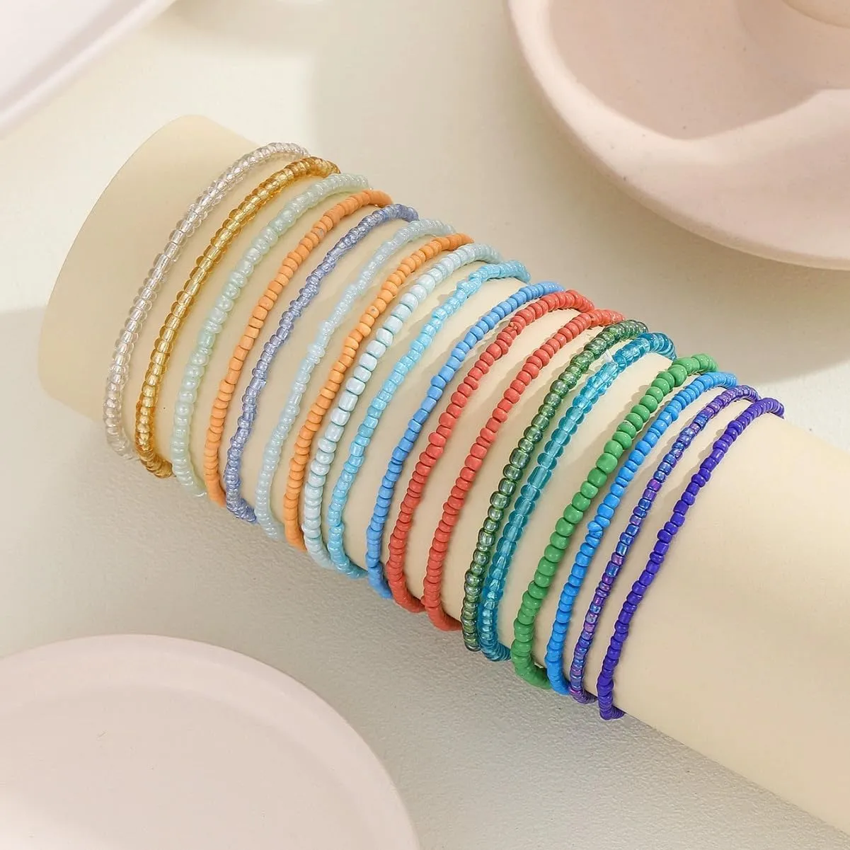 COLORFUL BLING 18pcs Bohemian Stackable Elastic Beaded Bracelets Summer Beach Handmade Seed Beaded Jewelry Bracelets for Women