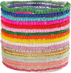 COLORFUL BLING 18pcs Bohemian Stackable Elastic Beaded Bracelets Summer Beach Handmade Seed Beaded Jewelry Bracelets for Women
