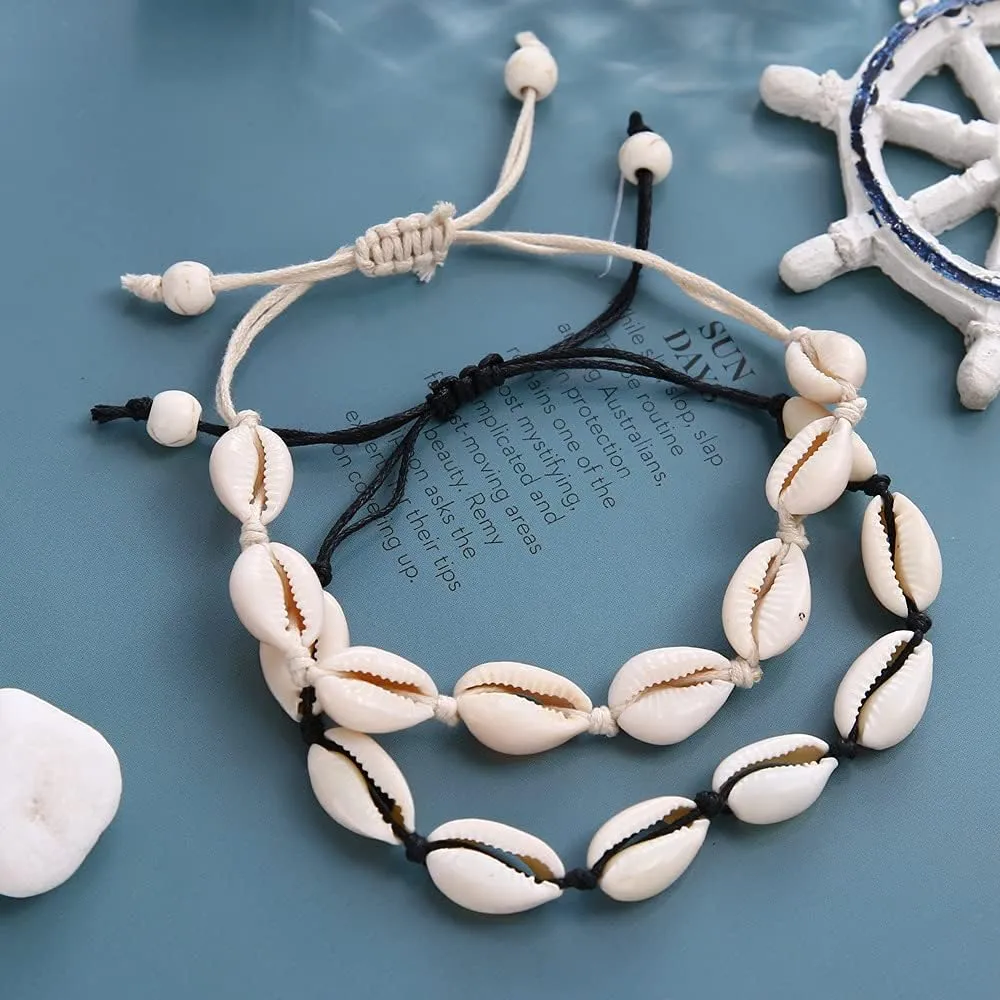 COLORFUL BLING 6 pcs Womens Anklet Bracelets Neclace with Shell Boho Beach Seashell Ankle Bracelet Adjustable Summer Surfer Cowrie Anklet Beach Foot Jewelry