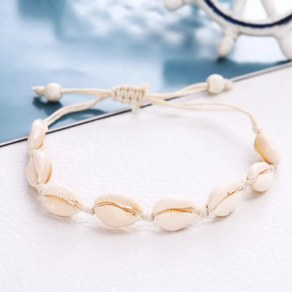 COLORFUL BLING 6 pcs Womens Anklet Bracelets Neclace with Shell Boho Beach Seashell Ankle Bracelet Adjustable Summer Surfer Cowrie Anklet Beach Foot Jewelry