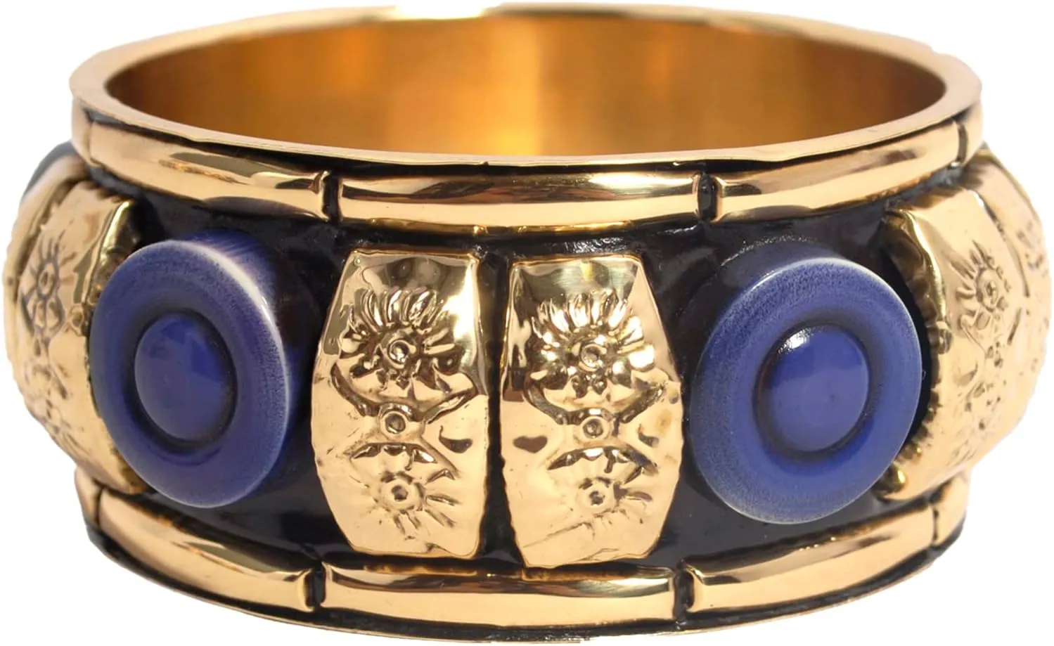 Cool Meringue - Handmade Fashion Bangle Ornated With True Blue Button Beads & Dual Gold Spacers Fixed Over Tarnish Resistant Polished Brass.