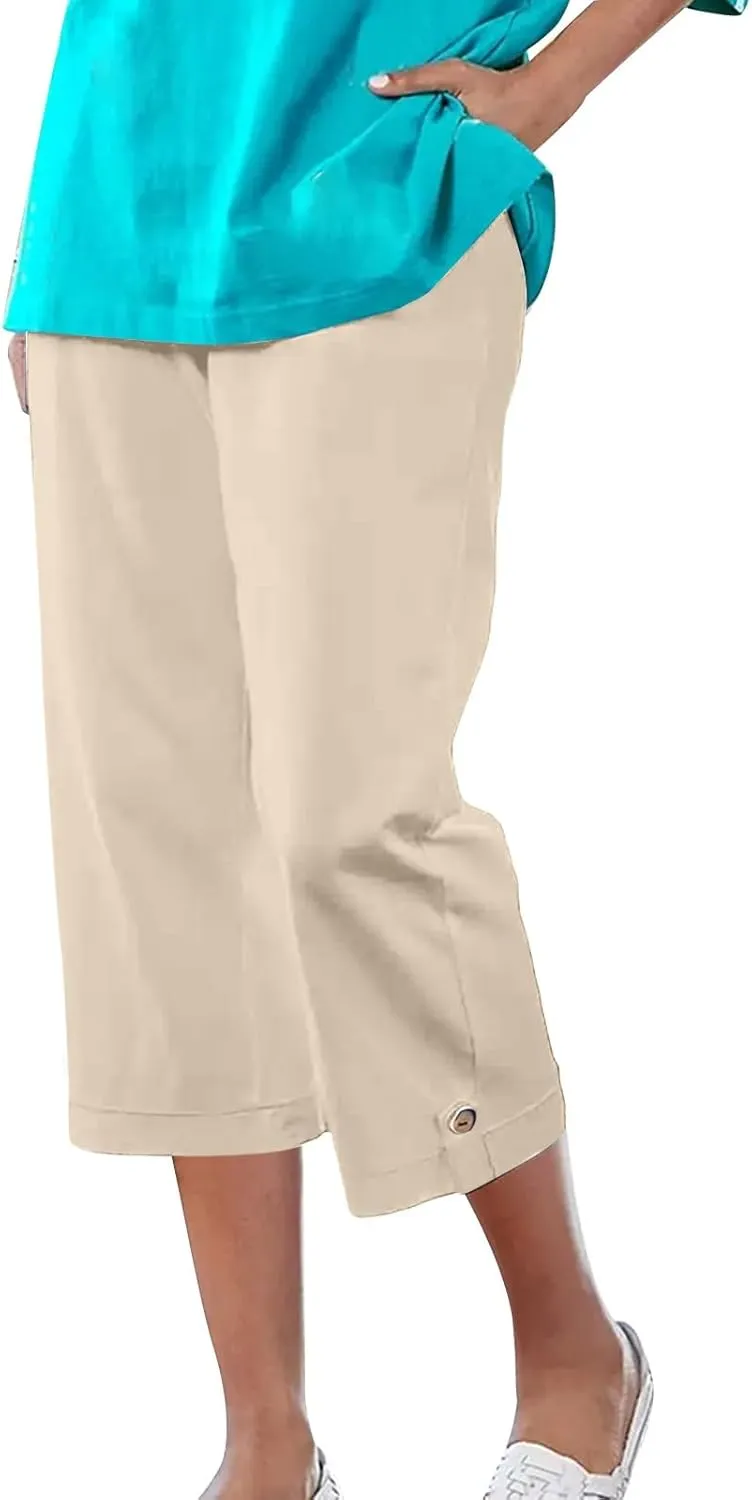 Cotton Linen Capri Pants for Women Wide Leg High Waisted Pant Palazzo Capris Pants Lightweight Beach Cropped Pant
