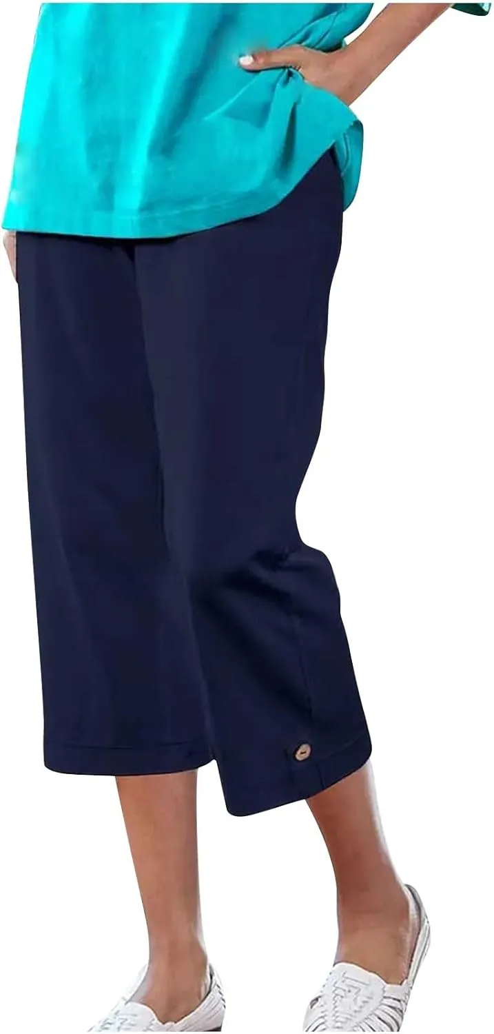 Cotton Linen Capri Pants for Women Wide Leg High Waisted Pant Palazzo Capris Pants Lightweight Beach Cropped Pant