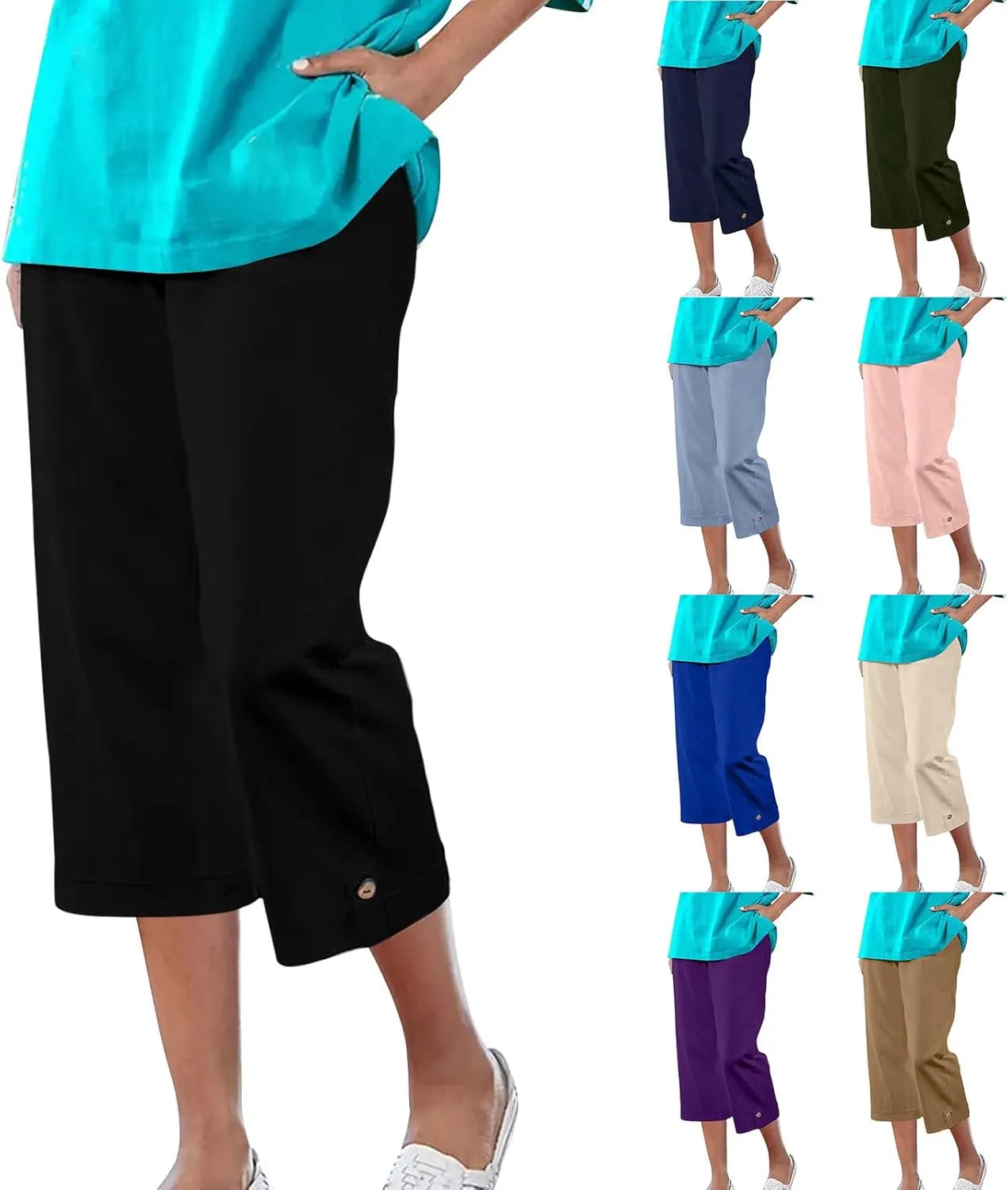 Cotton Linen Capri Pants for Women Wide Leg High Waisted Pant Palazzo Capris Pants Lightweight Beach Cropped Pant