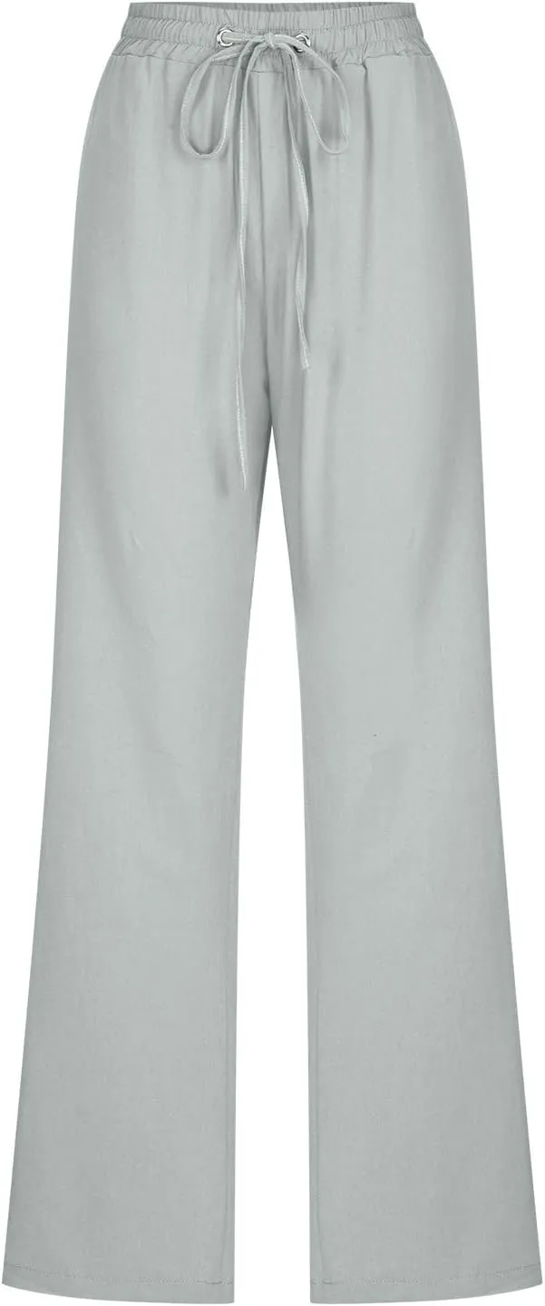 Cotton Linen Pants for Women Wide Leg Palazzo Pant High Waisted Drawstring Trousers Summer Beach Pant with Pockets