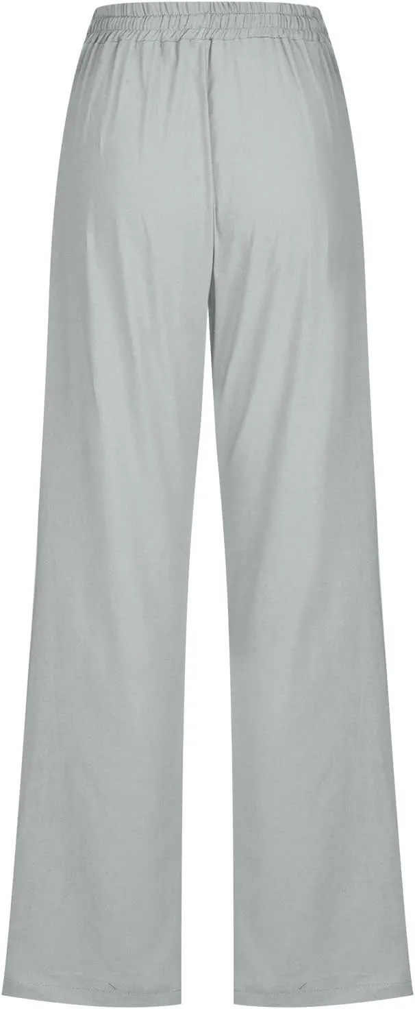 Cotton Linen Pants for Women Wide Leg Palazzo Pant High Waisted Drawstring Trousers Summer Beach Pant with Pockets