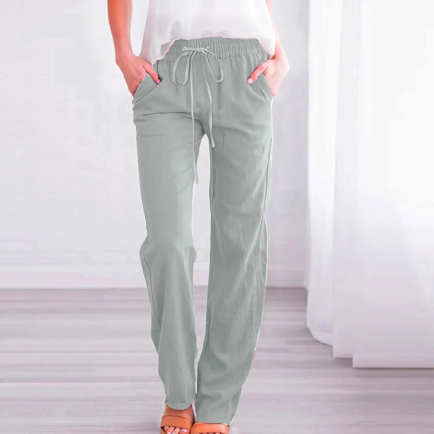 Cotton Linen Pants for Women Wide Leg Palazzo Pant High Waisted Drawstring Trousers Summer Beach Pant with Pockets
