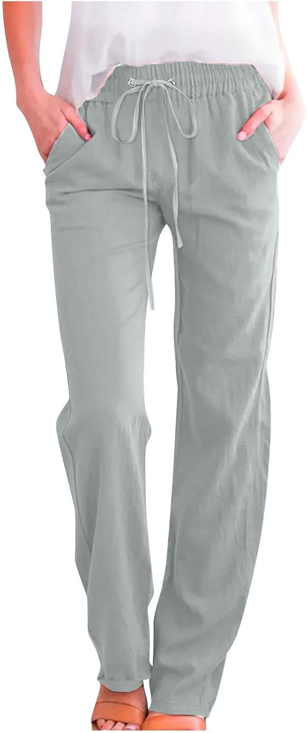 Cotton Linen Pants for Women Wide Leg Palazzo Pant High Waisted Drawstring Trousers Summer Beach Pant with Pockets