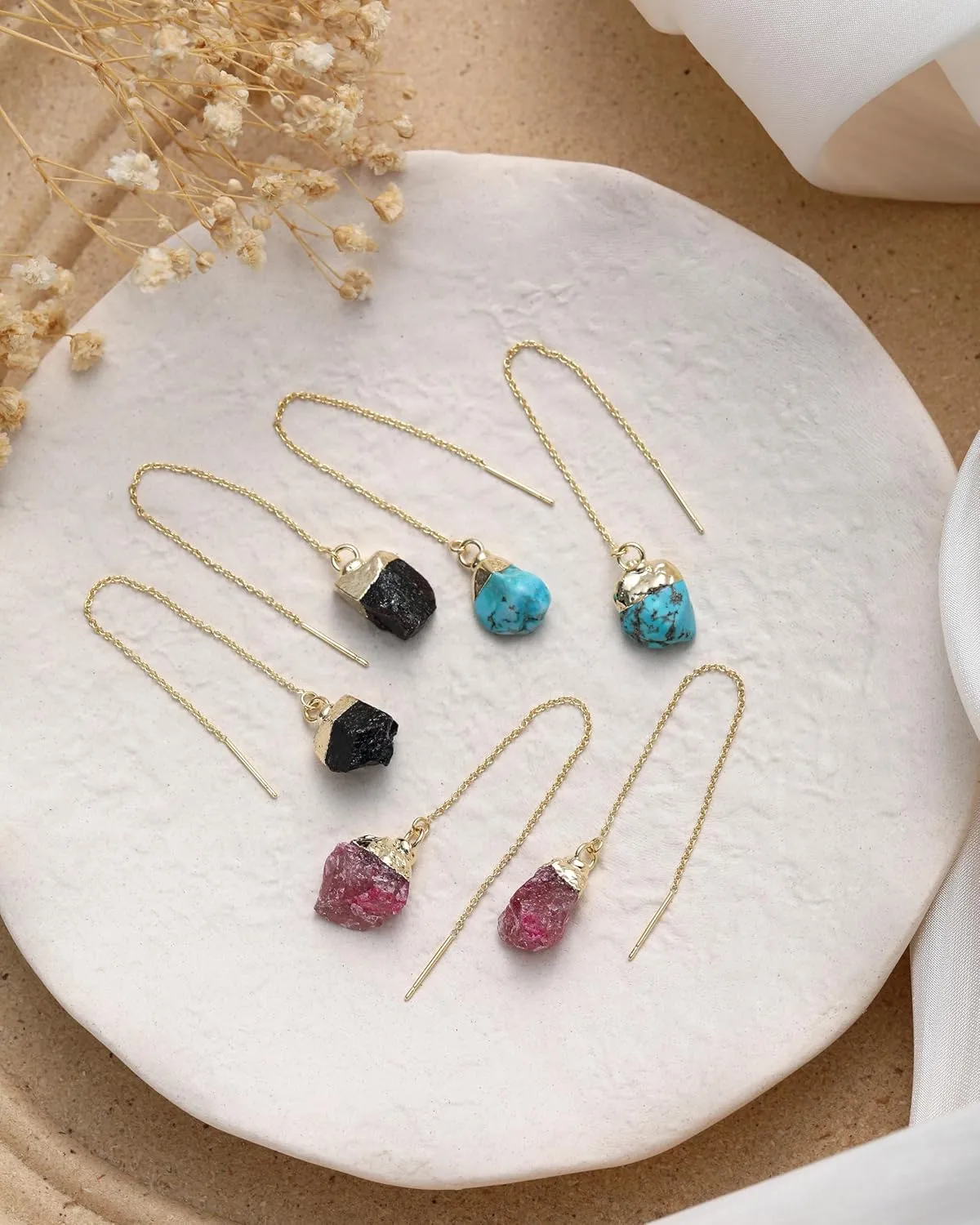 Crystal Dangle Earrings, Long Chain Drop Earrings Gemstone Threader Earrings 14K Gold Plated Earrings for Women Trendy