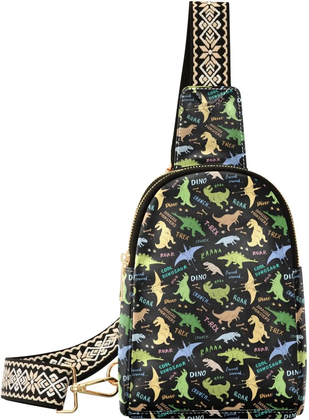 Cute Cartoon Dino Fanny Pack Crossbody PC Leather Small Sling Bag for Women Dinosaurs Doodles Fashion Waist Packs Chest Bag for Travel Sports Running Hiking