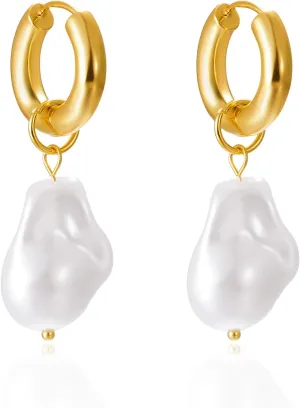 Dainty Pearl Earrings for Women Gold Pearl Drop Earrings Baroque Pearl Earrings White Pearl Wedding Earrings Chunky Hoop Earrings Hypoallergenic Jewelry