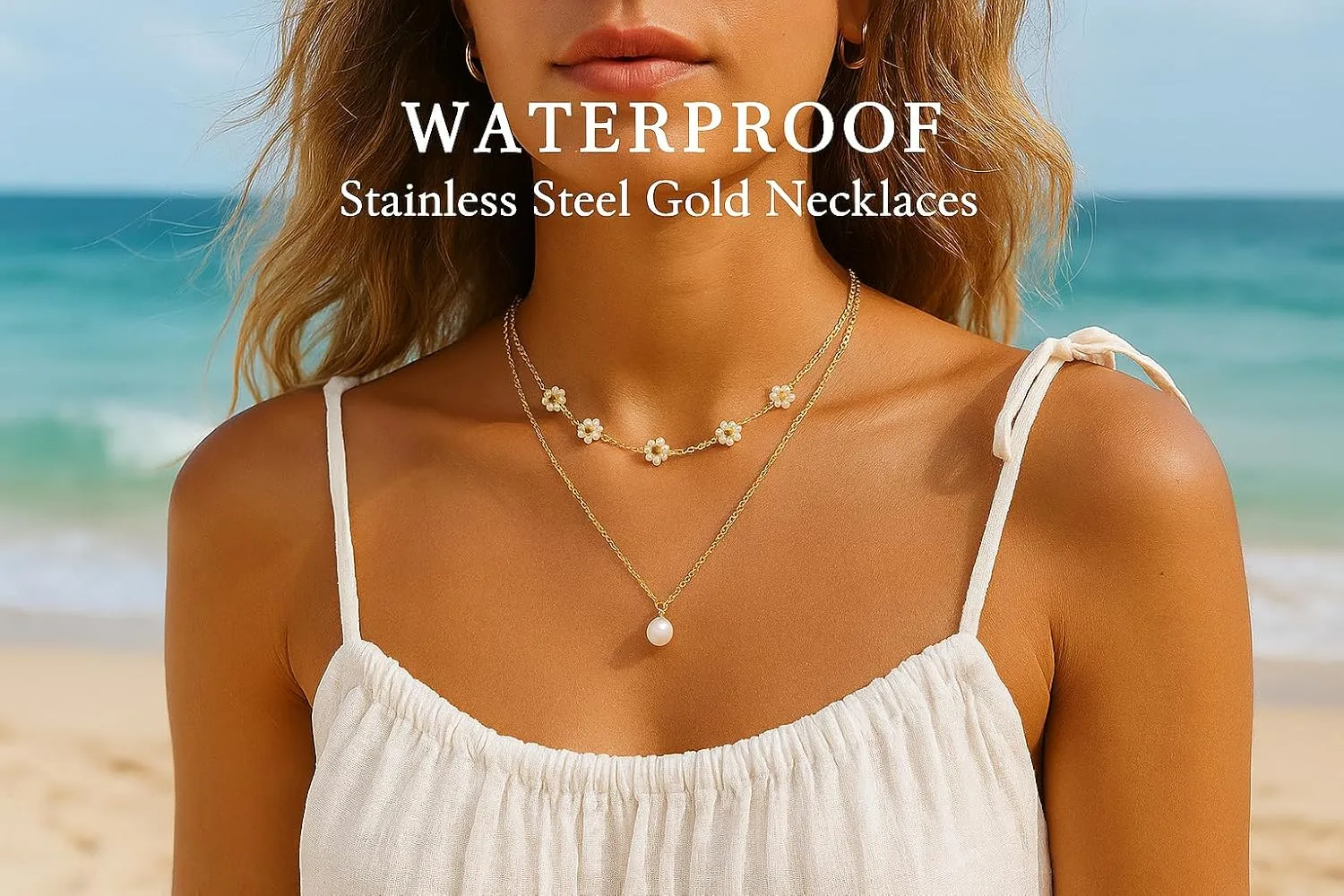 Daisy Necklace for Women Layered Pearl Necklace Set, 14k Gold Flower Necklaces as Summer Merch Jewelry, Pretty Pearl Choker Pendant Necklace as Trendy Gold Necklace Beach Gifts