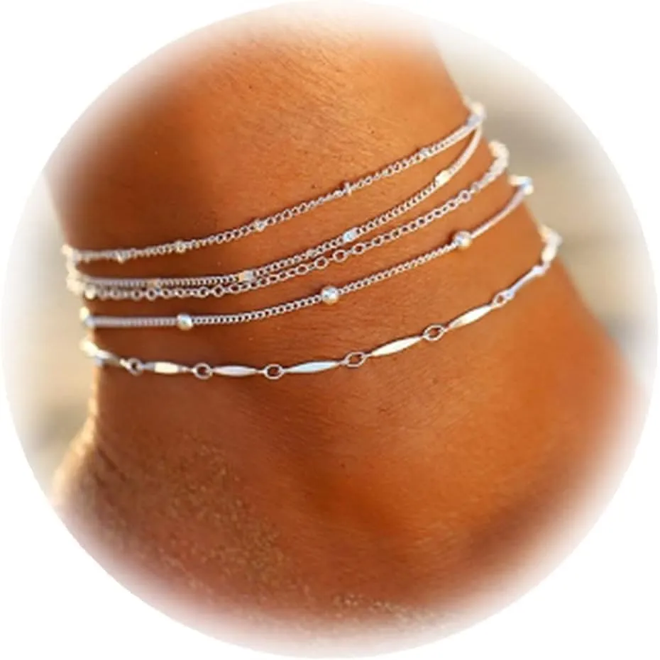Dcfywl731 Five Layered Anklet Bracelets for Women Silver Gold Beaded Chain Anklet for Teen Girls Boho Multi-layered Anklet Bracelets Beach Foot Chain Jewelry Jewelry Gifts