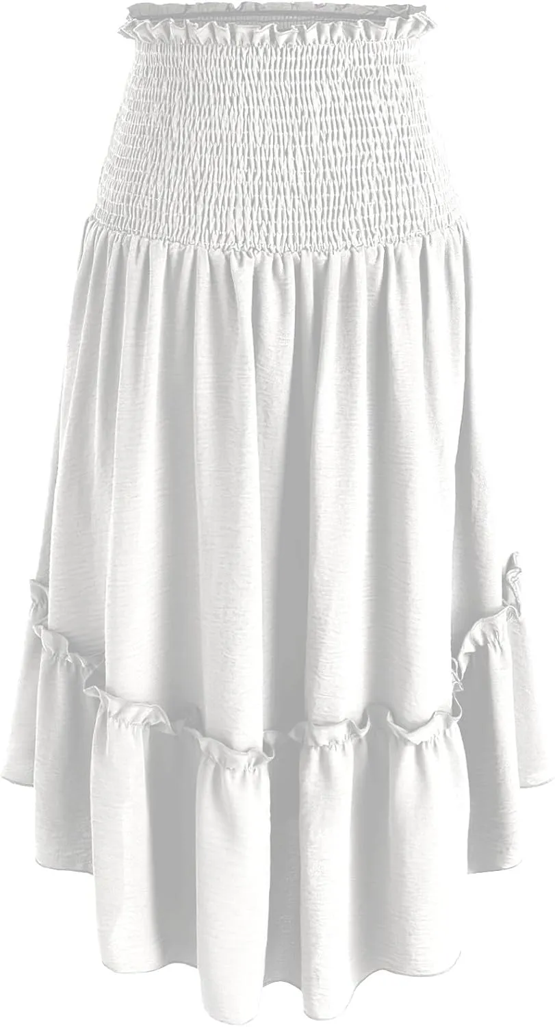 DDAPJ pyju Renaissance Midi Skirt Smocked Elastic High Waist A Line Skirts Ruffle Trim Flowy Skirt Pleated Casual Court Skirt