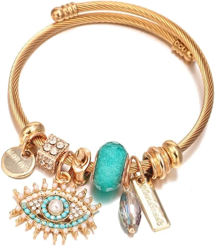 Devil's Eye Crystal Pendant Gold Plated Bracelet Evil Eye Charm Bracelet, Gold Twisted Cable Bangle with Crystal Beads, Available Gold Plated Bracelet Fashion Internet Celebrity Charm Female With You Accessories Trendy Best