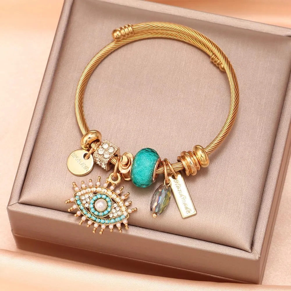 Devil's Eye Crystal Pendant Gold Plated Bracelet Evil Eye Charm Bracelet, Gold Twisted Cable Bangle with Crystal Beads, Available Gold Plated Bracelet Fashion Internet Celebrity Charm Female With You Accessories Trendy Best