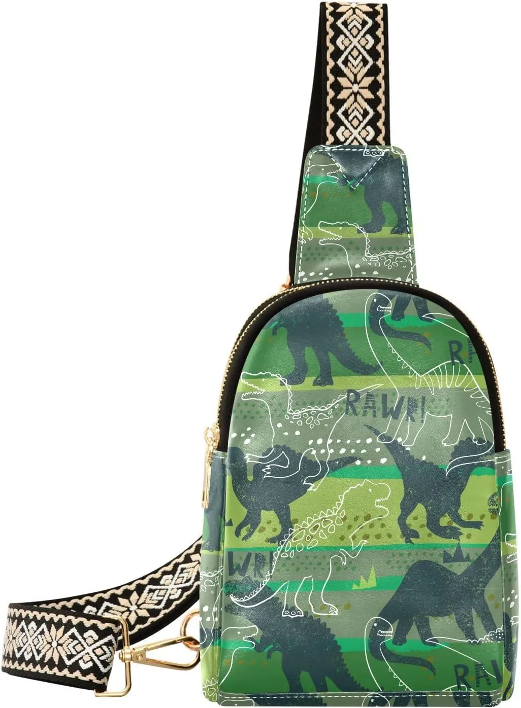 Dinosaur Green Fanny Pack Crossbody PC Leather Small Sling Bag for Women Dino Stripes Fashion Waist Packs Chest Bag for Travel Sports Running Hiking