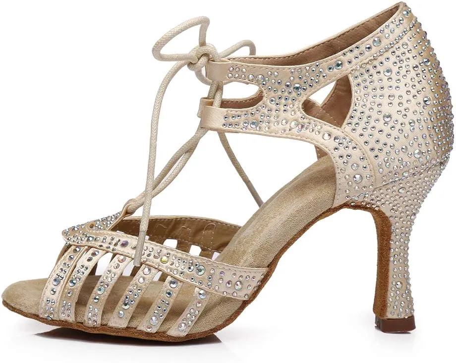 DKZSYIM Women's Latin Dance Shoes Ballroom Performance Rhinestone Shoes,Model YCL387