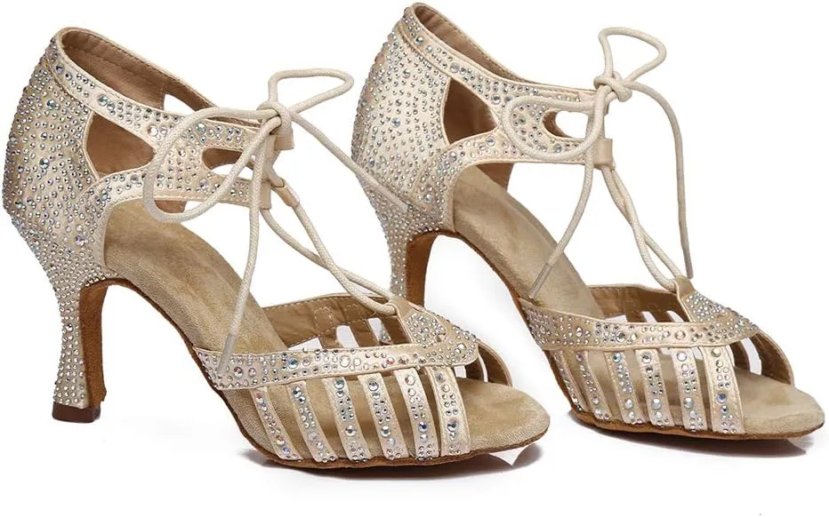 DKZSYIM Women's Latin Dance Shoes Ballroom Performance Rhinestone Shoes,Model YCL387