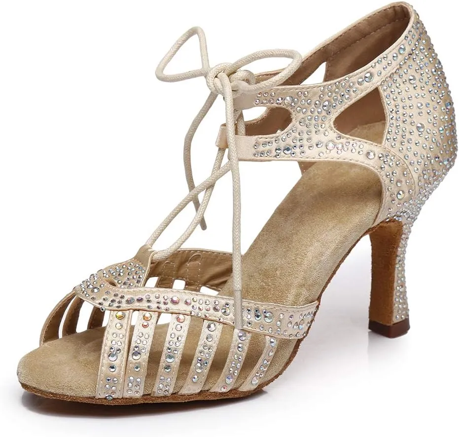 DKZSYIM Women's Latin Dance Shoes Ballroom Performance Rhinestone Shoes,Model YCL387